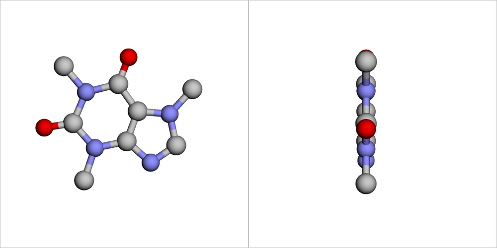 A caffeine molecule in 3D, by DeepSeek 4.1 Flash, the render after round 1