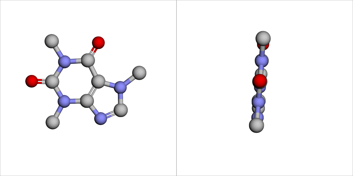 A caffeine molecule in 3D, by DeepSeek 4.1 Flash, run 2