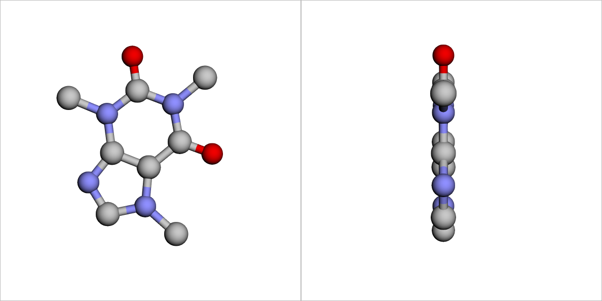 A caffeine molecule in 3D, by DeepSeek 4.1 Flash, run 3