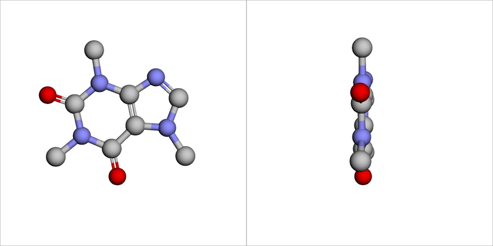 A caffeine molecule in 3D, by DeepSeek 4.1 Flash, the render after round 1