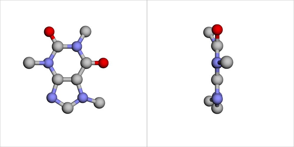A caffeine molecule in 3D, by Qwen3.8 Max, the render after round 1