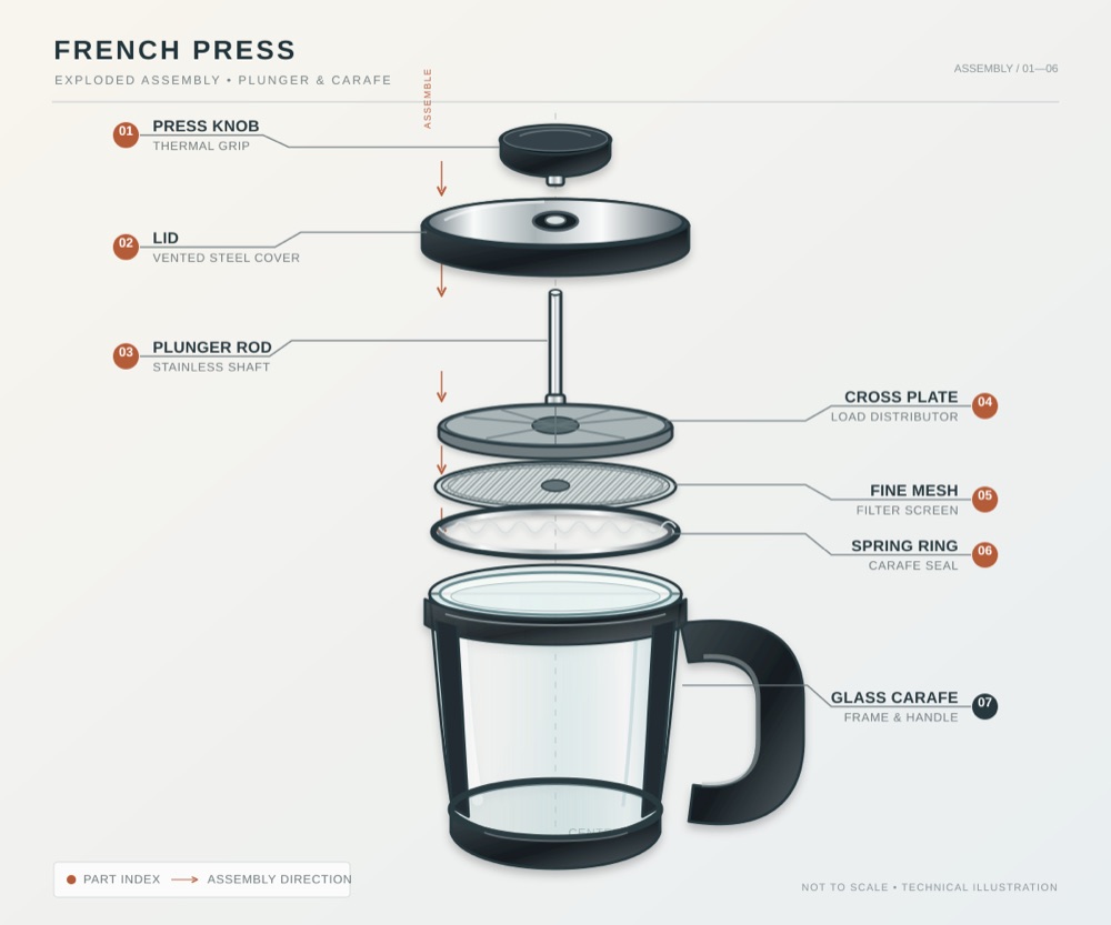 Exploded French press, by Sol, the render after round 1