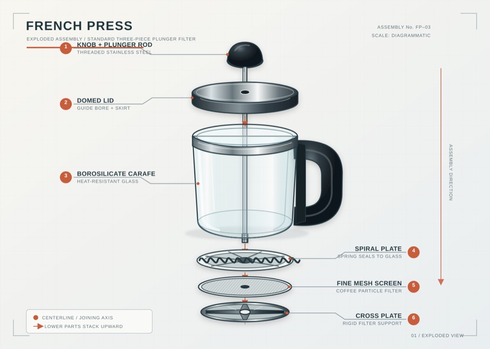 Exploded French press, by Sol, the render after round 1