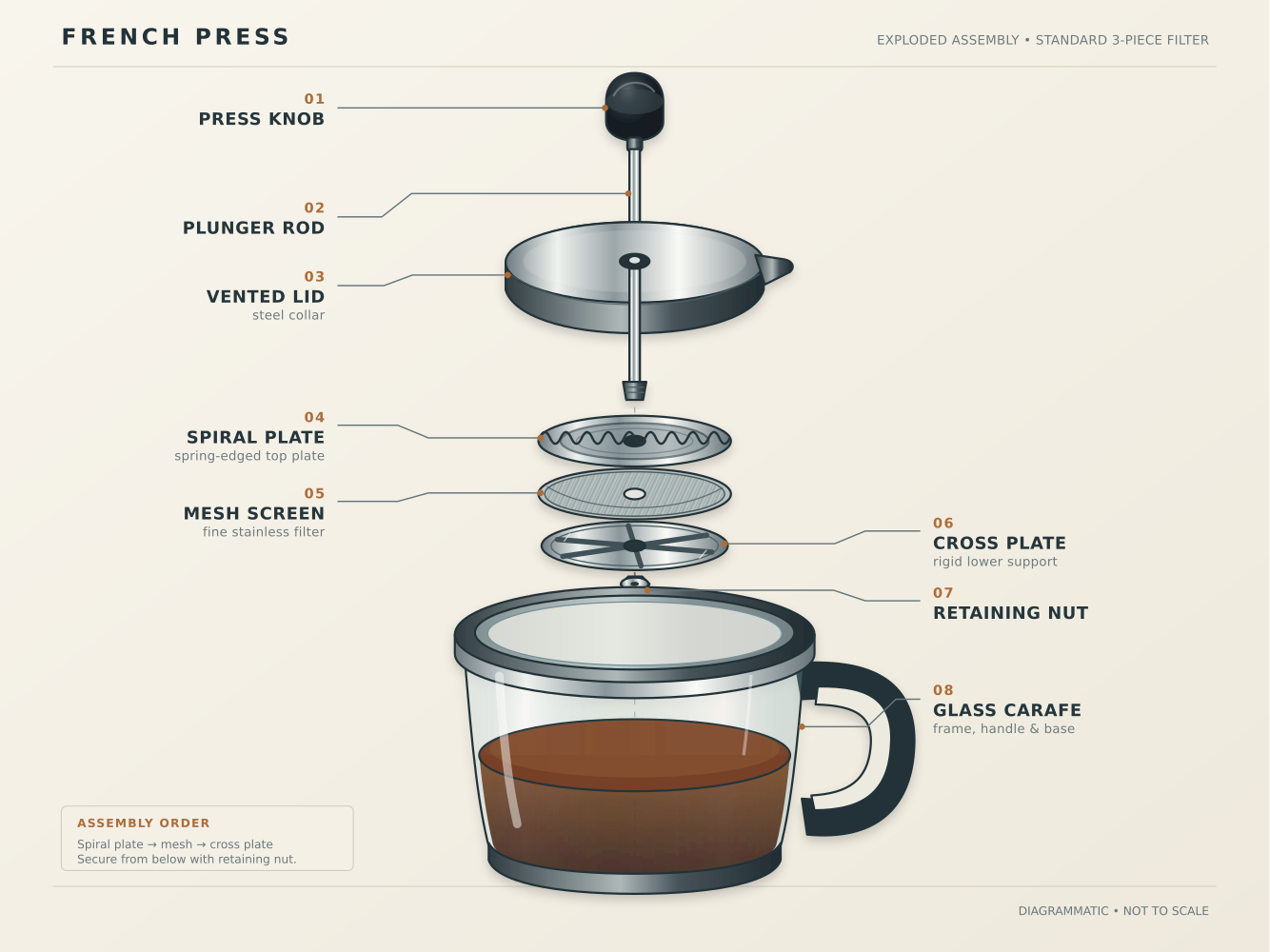 Exploded French press, by Sol, run 3